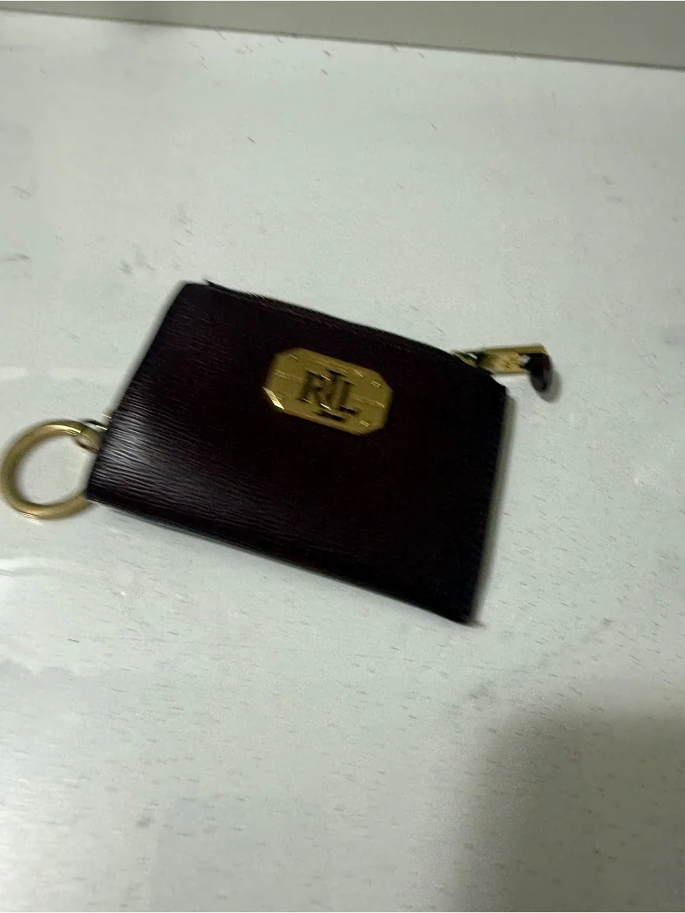 Ralph Lauren Deep Burgundy Leather Key & Card Holder with Gold RL Plaque